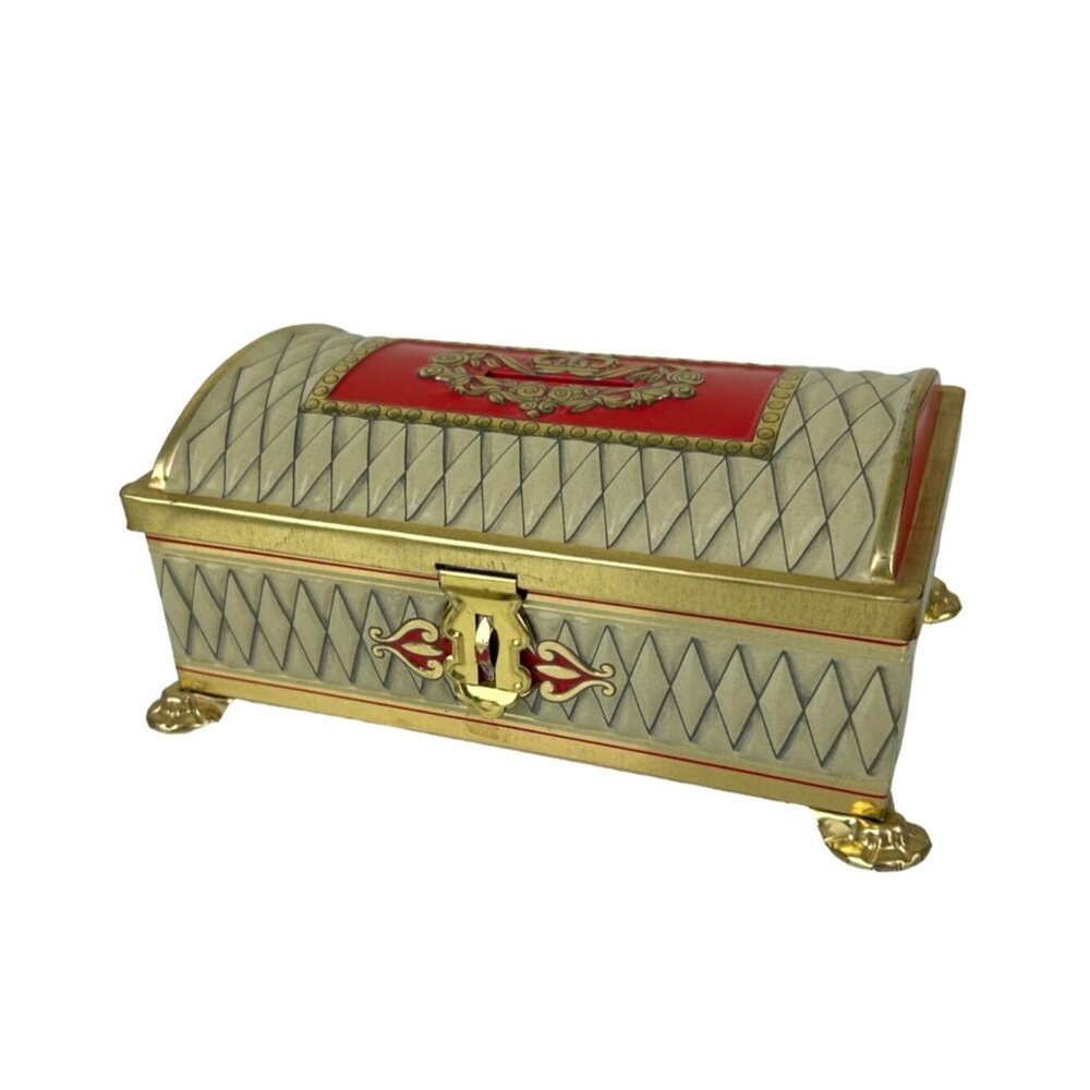Fricke & Nacke Metal Tin Coin Trinket Box Western Germany Red Gold Tone Vintage